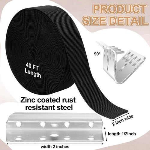 Threehoney 2 Inch Wide x 40 ft Chair Webbing Replacement Kit Upholstery Webbing Elastic Band to Repair Sagging Couch Chair Patio Furniture Metal Clips Patio Strap Repair Kit for Furniture(Black)