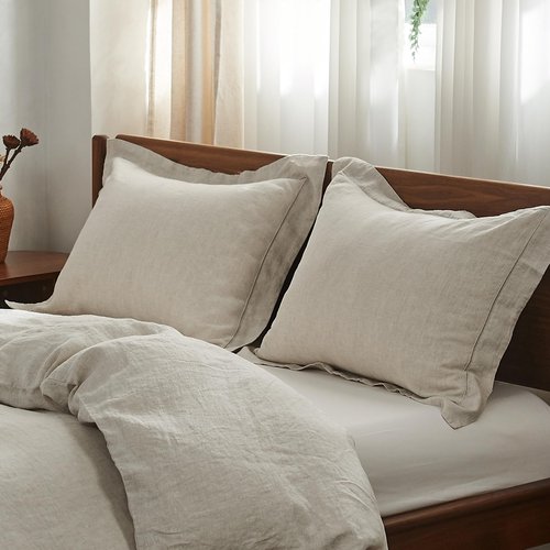 Simple&Opulence 100% French Linen Pillowcases with Embroidery – Pack of 2, Washed Solid Color Natural Flax, Soft & Breathable - Linen, 20'' x 26''
