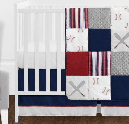 Sweet Jojo Designs 11-Piece Baby Crib Bedding Set (Baseball Patch Sports) for Boys, Infants/Nursery incl. Blanket, Fitted Sheet, Skirt, Diaper Stacker & Pillow (Red White & Blue, Americana, Patchwork)