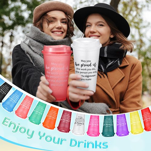 Skylety 96 Pcs Appreciation Tumblers Gifts Bulk 16 oz Thank You Teacher Employee Plastic Coffee Cups with Lids Colorful Reusable Inspirational Tumblers for Coworker Staff Christmas