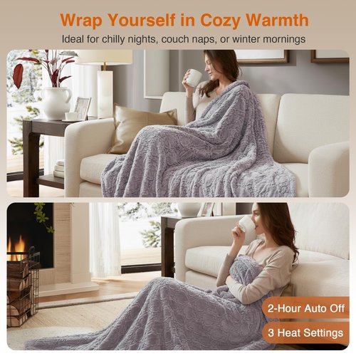 Beautyrest Long Brushed Faux Fur Ogee Textured Design Electric Blanket, Auto Shut Off, Virtually Zero EMF, Multi Heat Setting, UL Certified, Machine Washable, Grey Throw 50x60