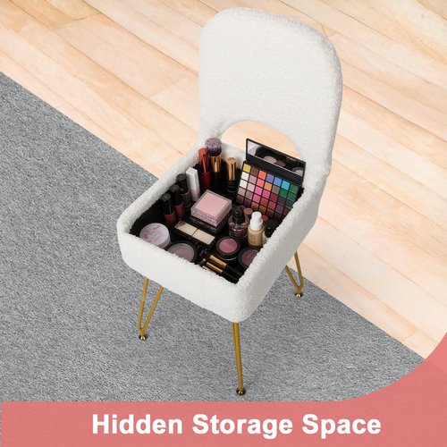 mapleway Small Vanity Stool Chair with Storage and Adjustable Folding Back 12.6" x 13.8" x 29.9" Alpaca Fur Soft Ottoman 4 Metal Legs with Anti-Slip Feet Furry Padded Seat for Makeup, Bedroom, White