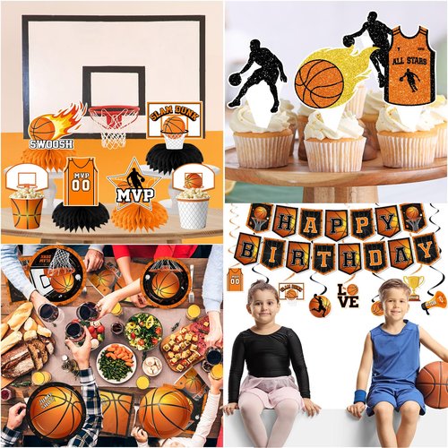 Basketball Party Decorations, 214Pcs Basketball Birthday Party Decorations Includes Plates,Napkins,Cups,Tablecloth,Banner,Hanging Swirls,Honeycomb,Balloons,Cake Topper for Sports Birthday Decorations
