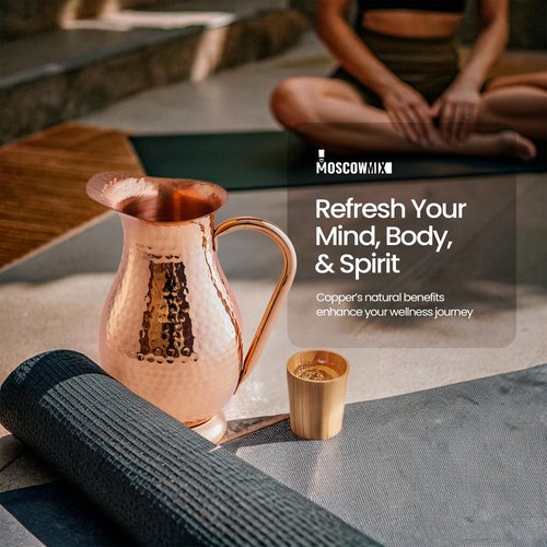 Pure 100% Copper Water Pitcher with Lid - 70 oz Large Copper Jug for Drinking Water - Heavy Duty Handcrafted - Bedside Carafe Vessel Ayurveda Hammered Health Benefits