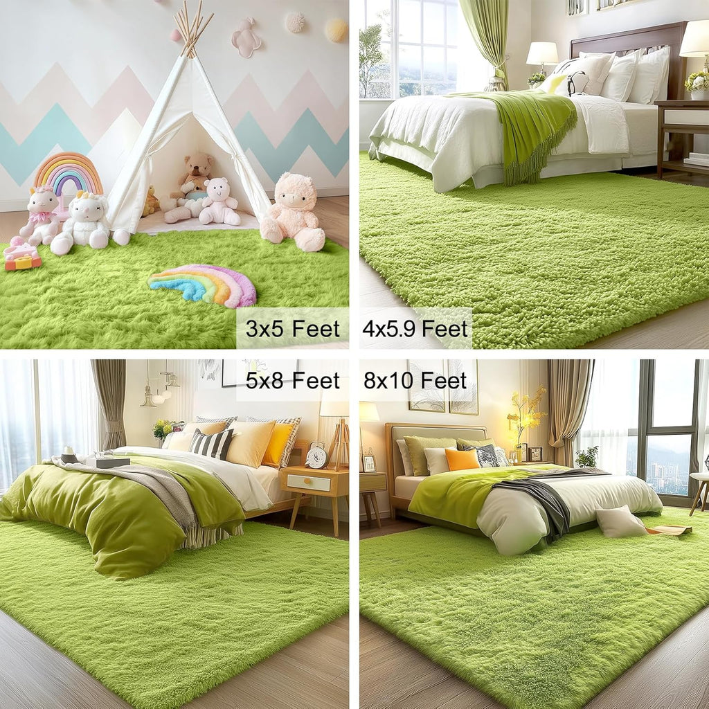 OLANLY 3x5 Soft Fluffy Shaggy Bedside Rug - Machine Washable Indoor Carpet for Kids & Nursery | Grass Green