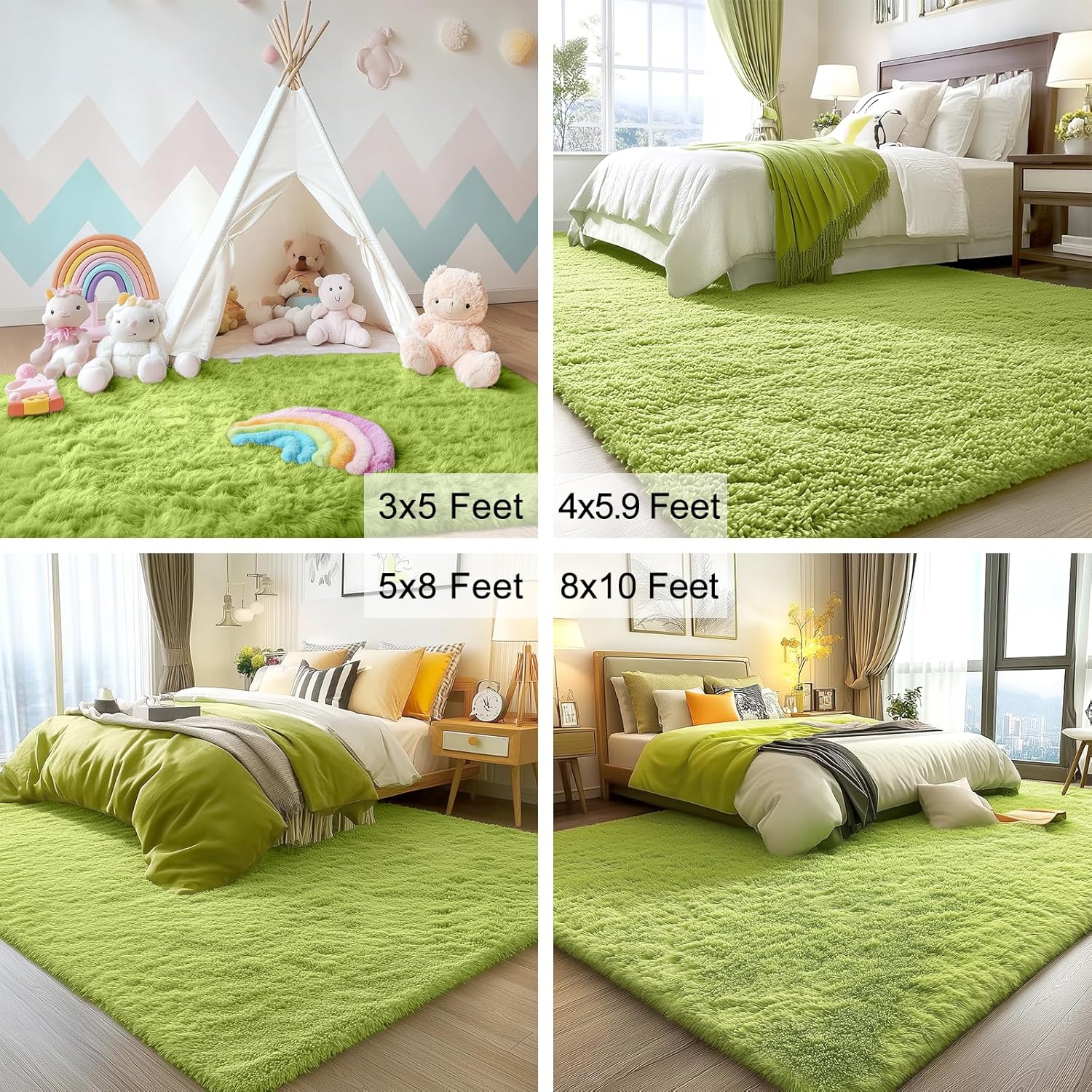 OLANLY 3x5 Soft Fluffy Shaggy Bedside Rug - Machine Washable Indoor Carpet for Kids & Nursery | Grass Green