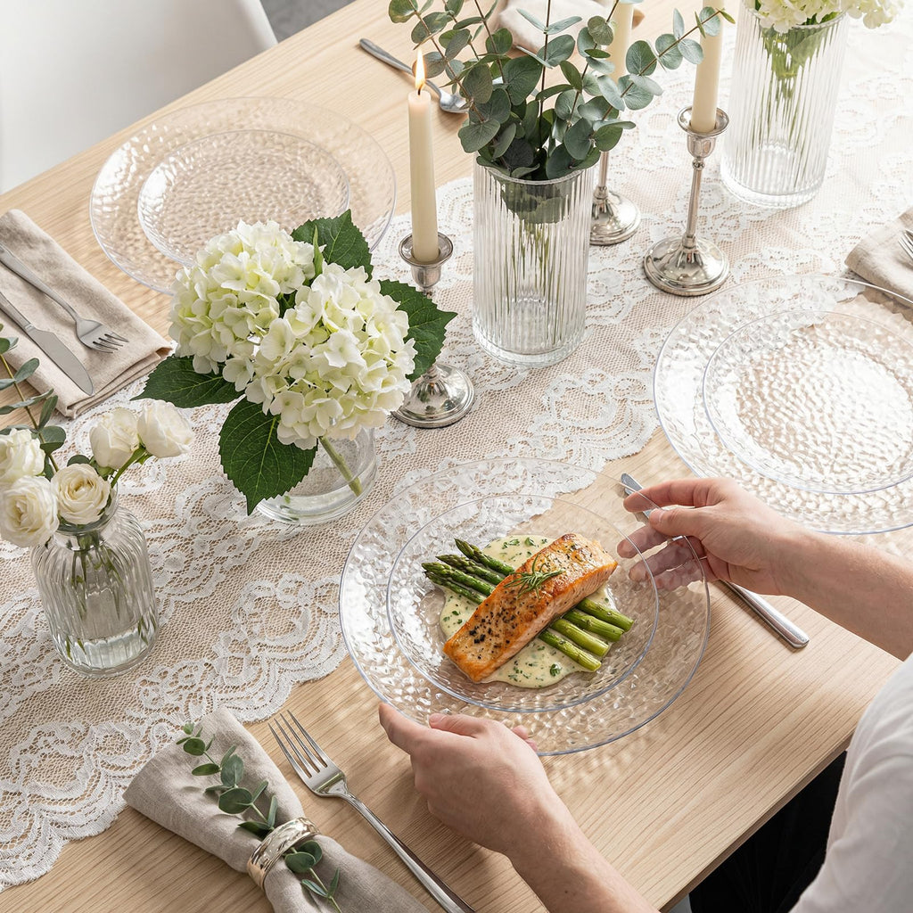 Rubtlamp 60Pcs Plastic Plates, Clear Disposable Plates, Hammered Heavy Duty Plastic Platos, Fancy Disposable Platos Include 30 Clear Dinner Plate, 30 Salad Plate For Bridal Spring