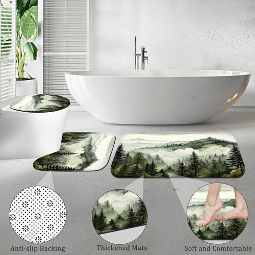 BayNook 4PCS Dark Green Misty Forest Bathroom Sets with Shower Curtain and Rugs, Rustic Woodland Shower Curtain Sets with Rugs, Nature Mountain Landscape Bathroom Curtains Shower Set