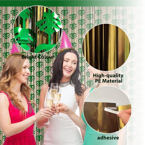 OQOQ Hawaiian Decorations Tinsel Foil Fringe Curtains (4 Pcs) - 3.3x6.6 Ft Dark Gold and Green Tropical Leaves Tinsel Curtains for Summer Jungle Aloha Luau Party Decor Photo Booth Prop Backdrop