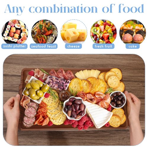 Baderke 2 Set 16" x 9" Plastic Chilled Serving Tray for Parties with Compartments Ice Chilled Party Platter Charcuterie Serving Board Cold Dish Dip for Fruit Seafood Vegetable Appetizer (Wooden Color)