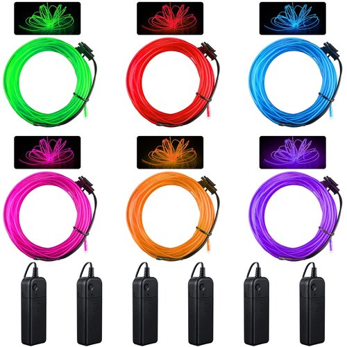 Konohan 6 Pcs Portable Wearable LED Lights Neon El Wire, Battery Operated, Glow Wire for DIY Costume, Halloween, Christmas Decorations(Red, Pink, Blue, Green, Purple, Yellow,16.4 Feet)