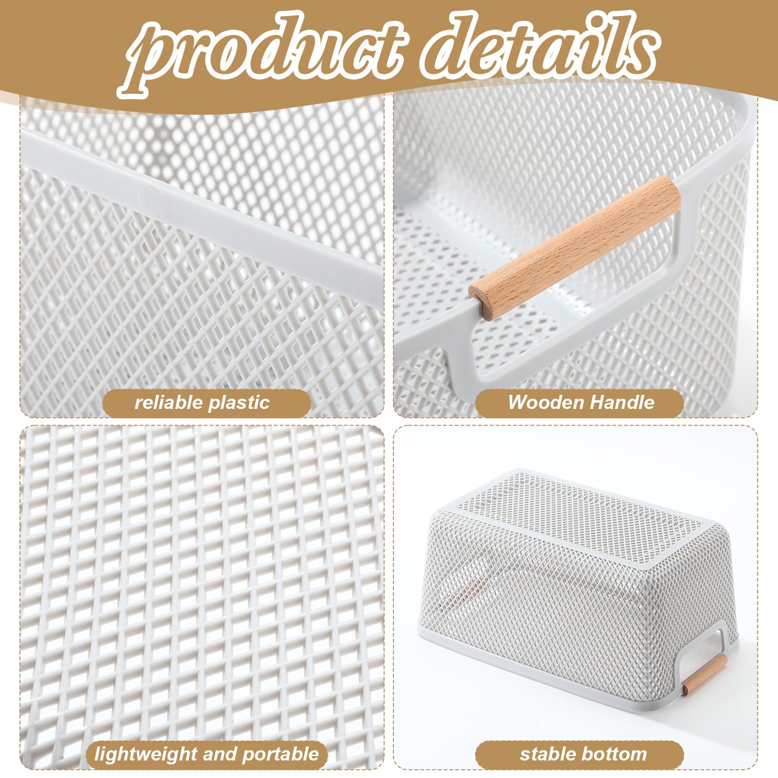 Ziliny 4 Pcs Plastic Mesh Baskets with Handles - Mesh Storage Hanging Organizer Bin Container Baskets for Home Organizing Pantry Closet Cabinet Kitchen Fridge Fruit Snacks Gifts, Grey(Large)