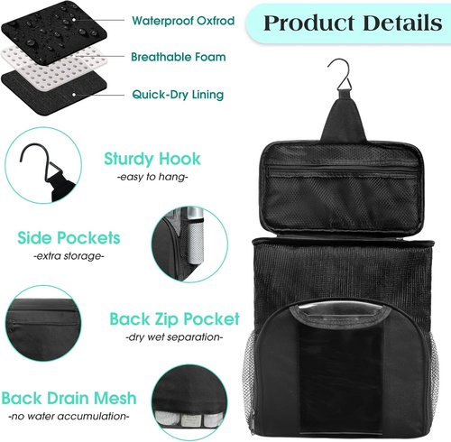 Attmu Mesh Shower Caddy - Portable Quick Dry Hanging Toiletry Bag | Large Capacity for Dorm & Camping (Black)