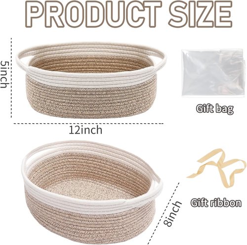 JMvicyroam Woven Basket - Small Rope Storage Bin with Handles for Organizing Shelves & Closets | White & Oatmeal