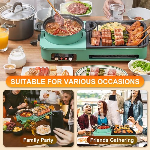 TeqHome Electric Hot Pot with Grill,1600W 3-in-1 Smokeless Raclette Table Grill for Kitchen, Barbecue Shabu Hot Pot with Non-Stick Cooking Removable Plate,Dual Temperature Control & Dishwasher Safe
