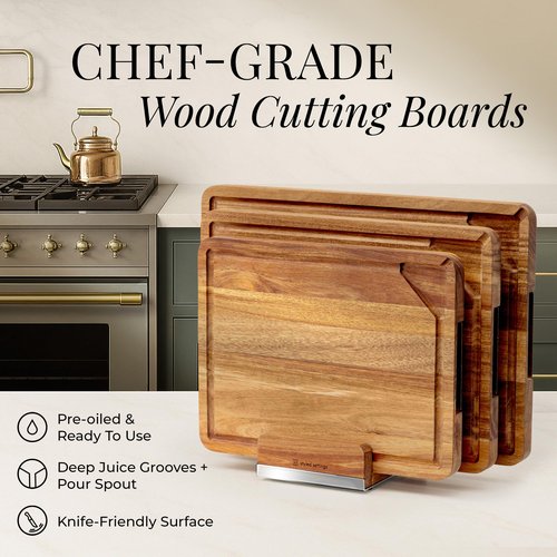 Acacia Wood Cutting Board Set with Holder – 4 Piece Wooden Cutting Board Set with Stand – Reversible Charcuterie Tray with Juice Grooves and Silver Handles – Stylish Kitchen Gift