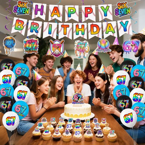 6 7 Birthday Decorations, 67 Meme Themed Birthday Decorations Set Includes Happy Birthday Banner, Large Cake Topper, 24 x Cupcake Toppers, 18 x Ballons, 6 x Hanging Spinners