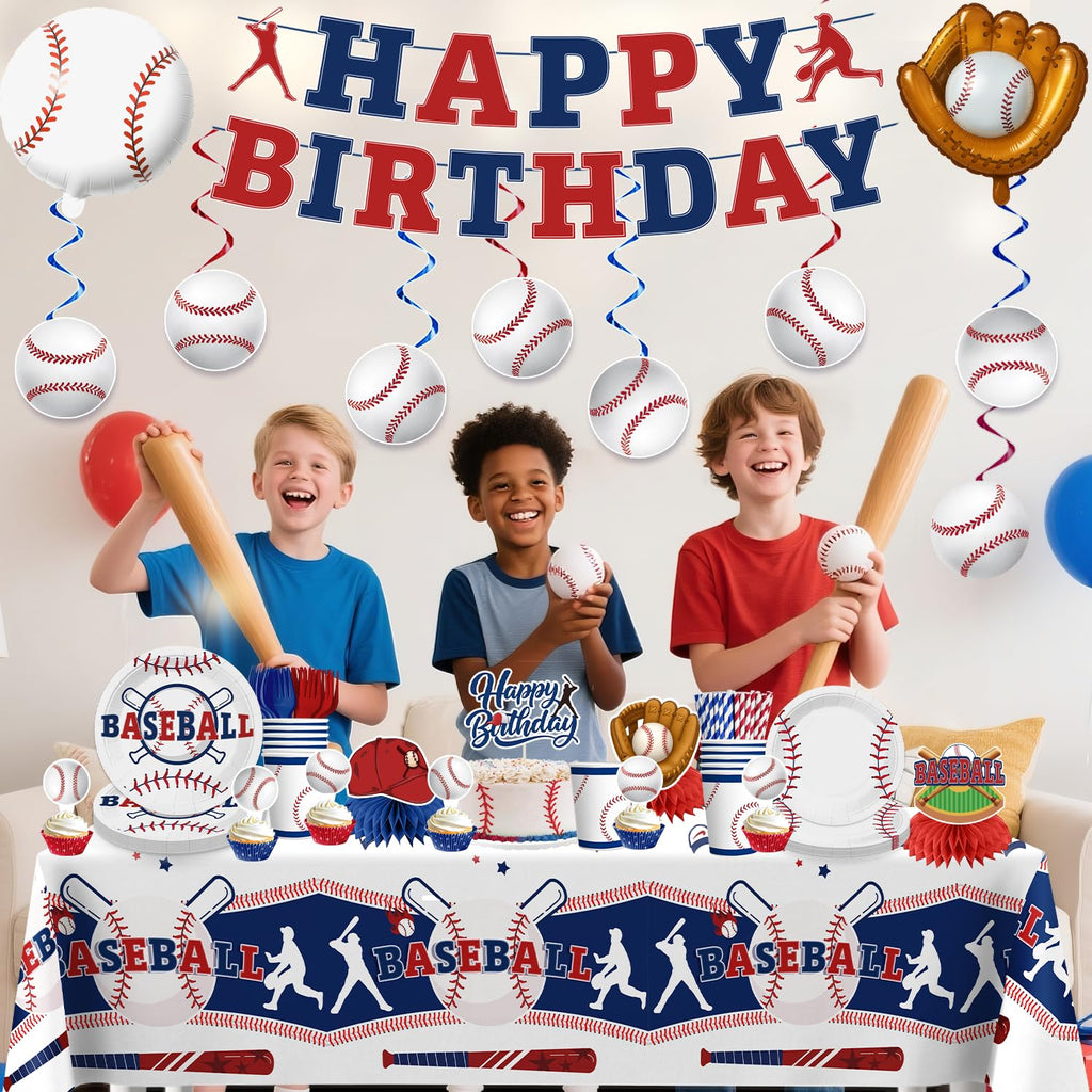 Xynic 202Pcs Baseball Birthday Decorations Tableware Set Serve 25 Guests, Baseball Party Decorations Include Banner, Plates, Tablecloth, Cake Topper, Cups, Cupcake Topper for Baseball Birthday Party