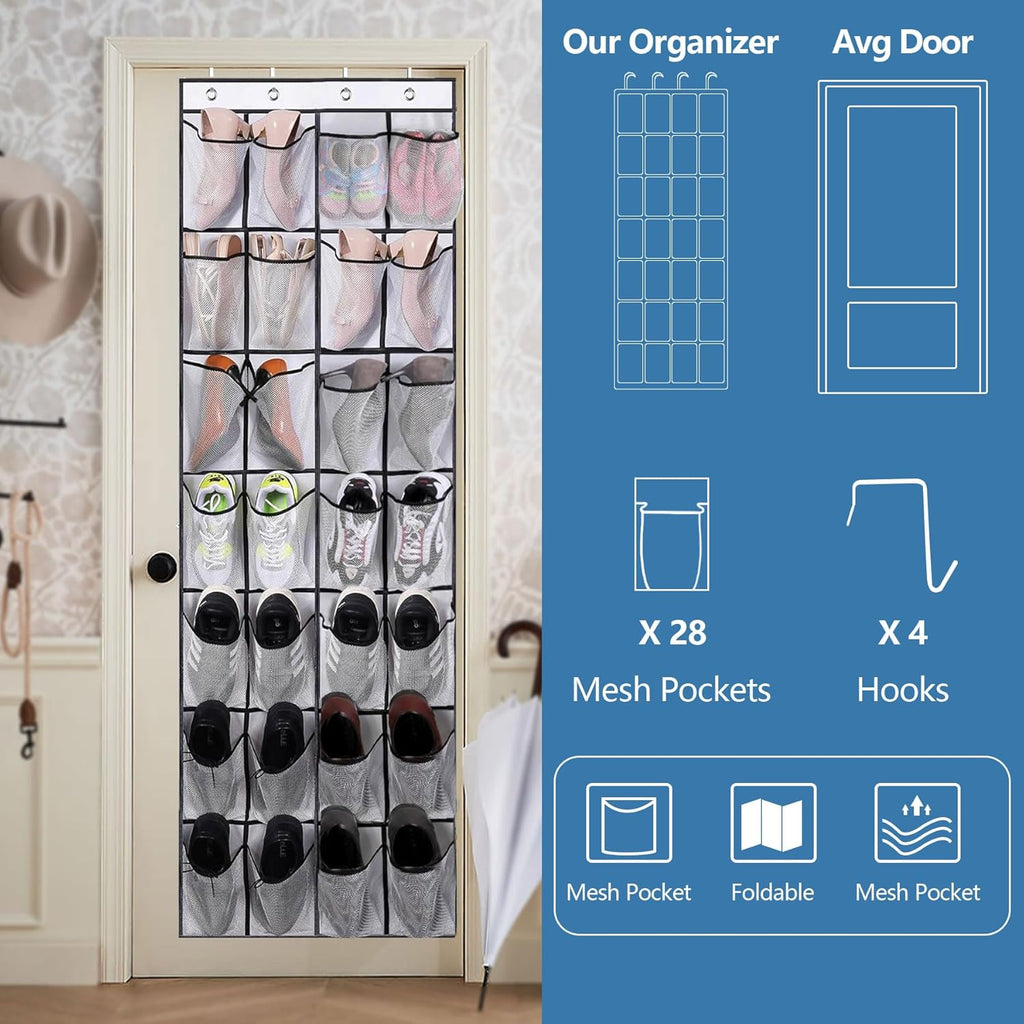 Over The Door Shoe Organizer - 28 Large Mesh Pockets for Space-Saving Storage | White
