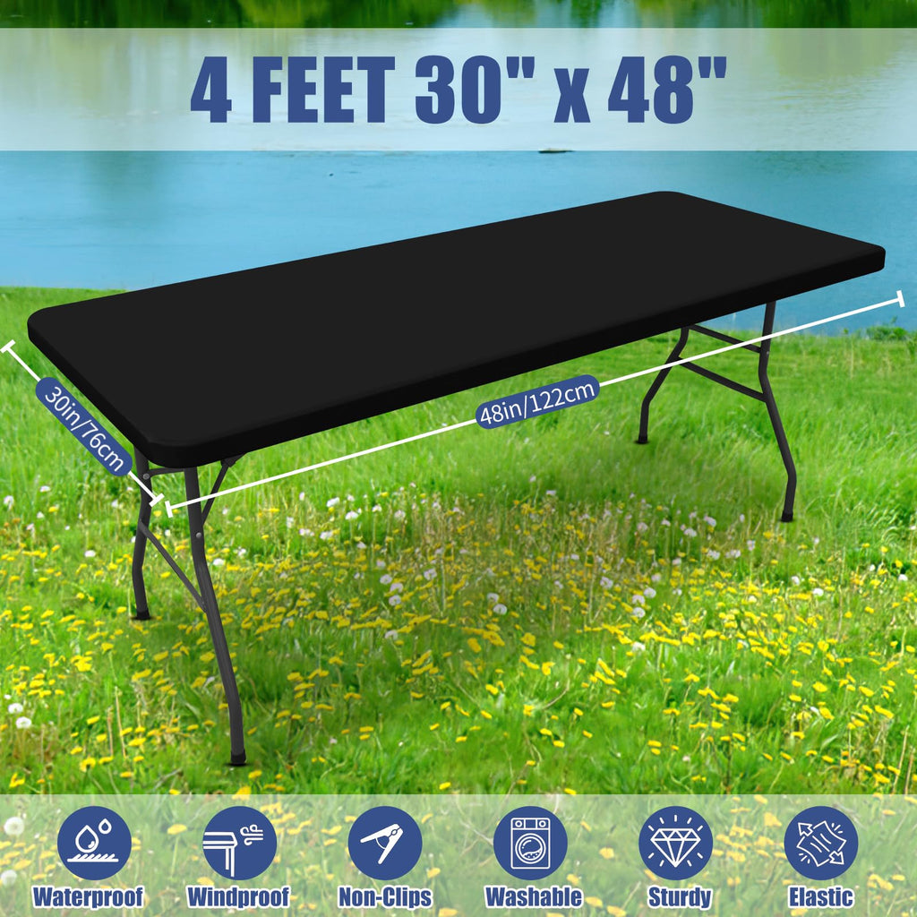 Moosfor Spandex 4 Foot Rectangle Table Cloth 2 Pack, Elastic Fitted Tablecloths for Picnic, Stretch Washable Patio Table Cover for Outdoor, Camping, Banquet and Parties (Black, 30"x48")