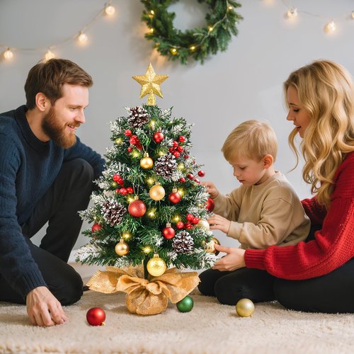 Mini Christmas Tree with Lights, 24 Inch Tabletop Christmas Tree with Berries Star Treetop Ornaments Balls Artificial Small XMS Tree for Table Desk Home Christmas Holiday Decor
