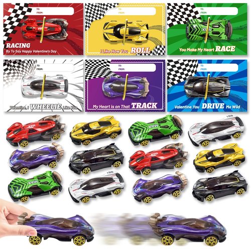 OCHIDO Valentines Day Cards for Kids with Die-Cast Racing Cars, 24 Packs Valentines Day Gifts for Kids Classroom Exchange, School Class Prizes, Valentines Party Favors for Boys and Girls