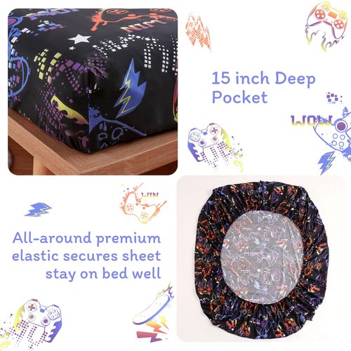 JSD Black Gaming Sheet Set Twin Size, 3 Piece Soft Kids Boys Printed Microfiber Bed Sheets Deep Pocket