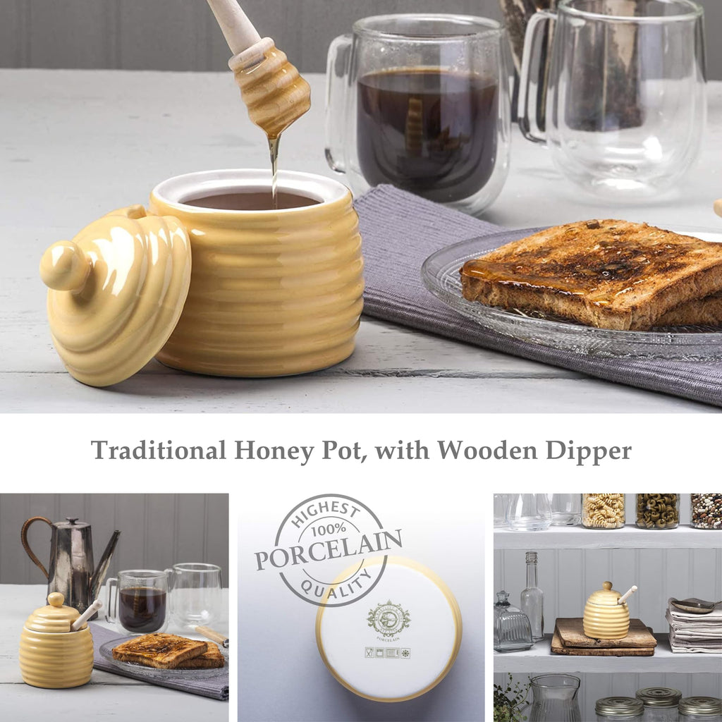 WM Bartleet & Sons 1750 Traditional Porcelain Honey Pot with Beech Wood Dipper 11cm – Yellow