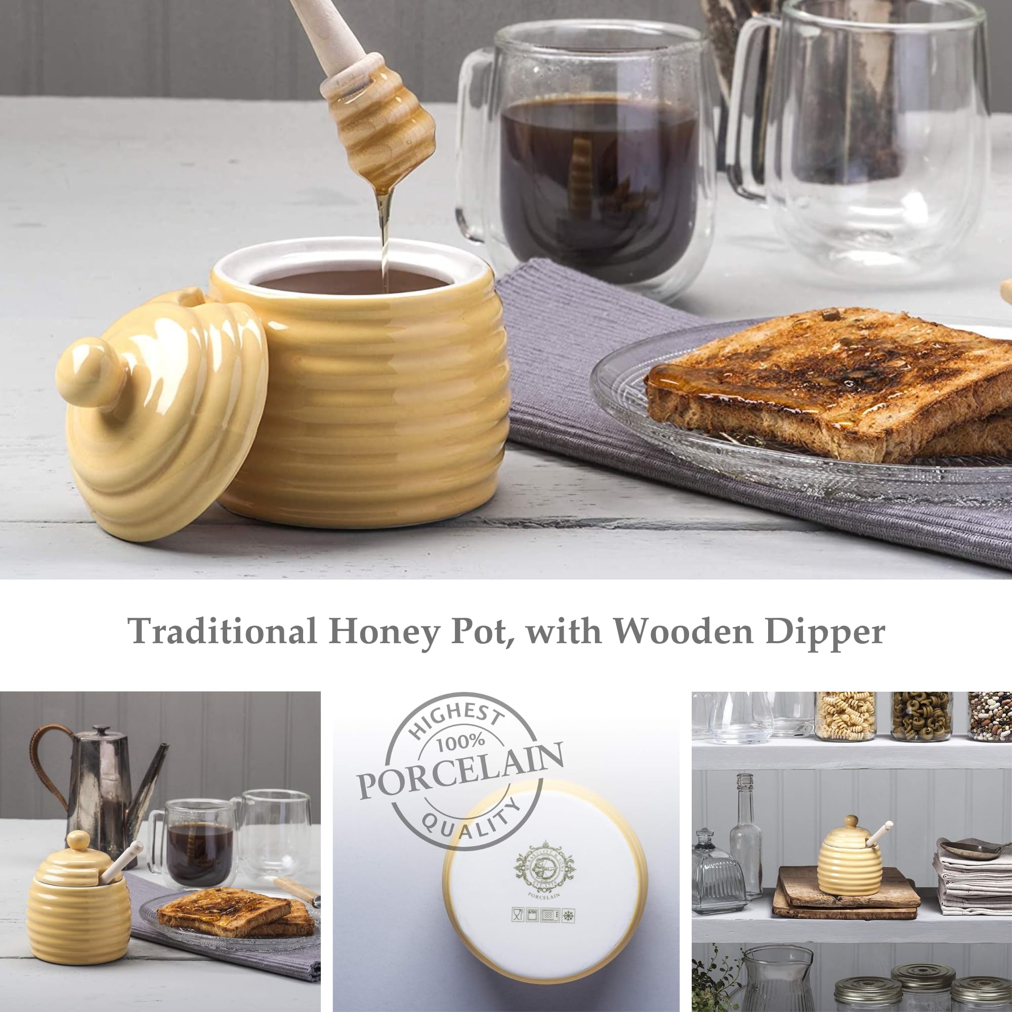 WM Bartleet & Sons 1750 Traditional Porcelain Honey Pot with Beech Wood Dipper 11cm – Yellow