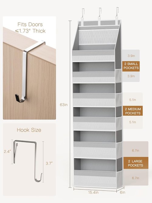 Criusia Over The Door Organizer - Heavy-Duty 6-Shelf Storage with 13 Mesh Pockets | 55lbs Capacity, Grey