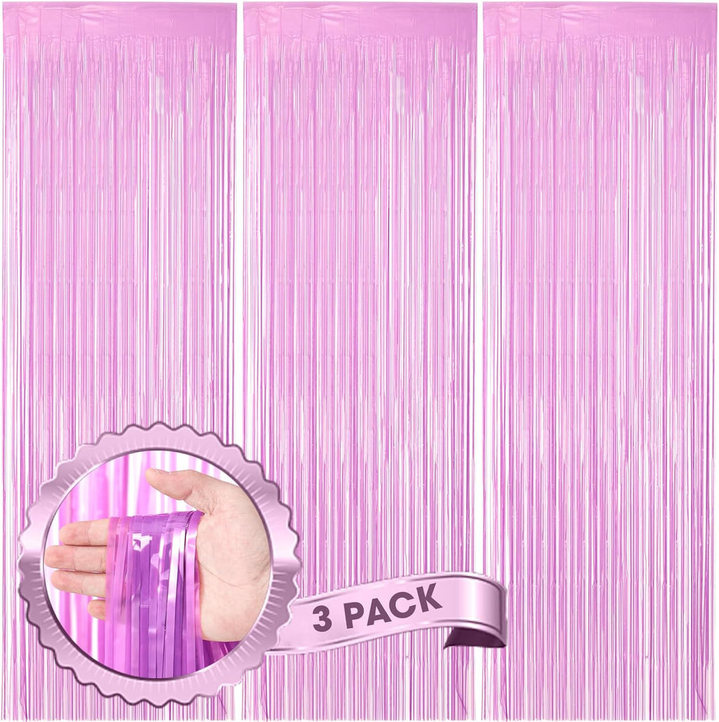 Voircoloria Foil Fringe Backdrop Curtains - 3 Pack of 3.3 x 8.2 ft Pastel Purple Tinsel Streamers for Parties