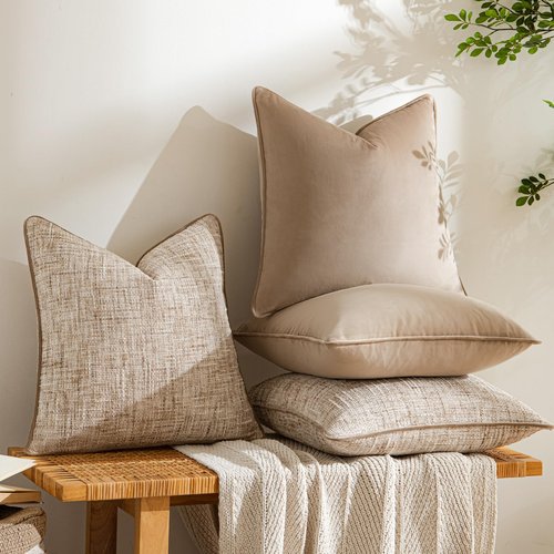 a moment Khaki 4 Pack Throw Pillow Covers - Chenille & Velvet Set with Piping, Farmhouse Textured Design Cushion Cases for Couch Sofa Bed (18x18 Inch, No Insert)