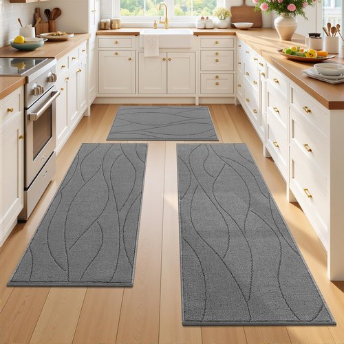 Bsmathom Kitchen Rugs Sets of 3, Non Slip Kitchen Runner, Washable Non Skid Kitchen Rug, Kitchen Floor Mat for Hallway Entryway Laundry Room, Light Gray