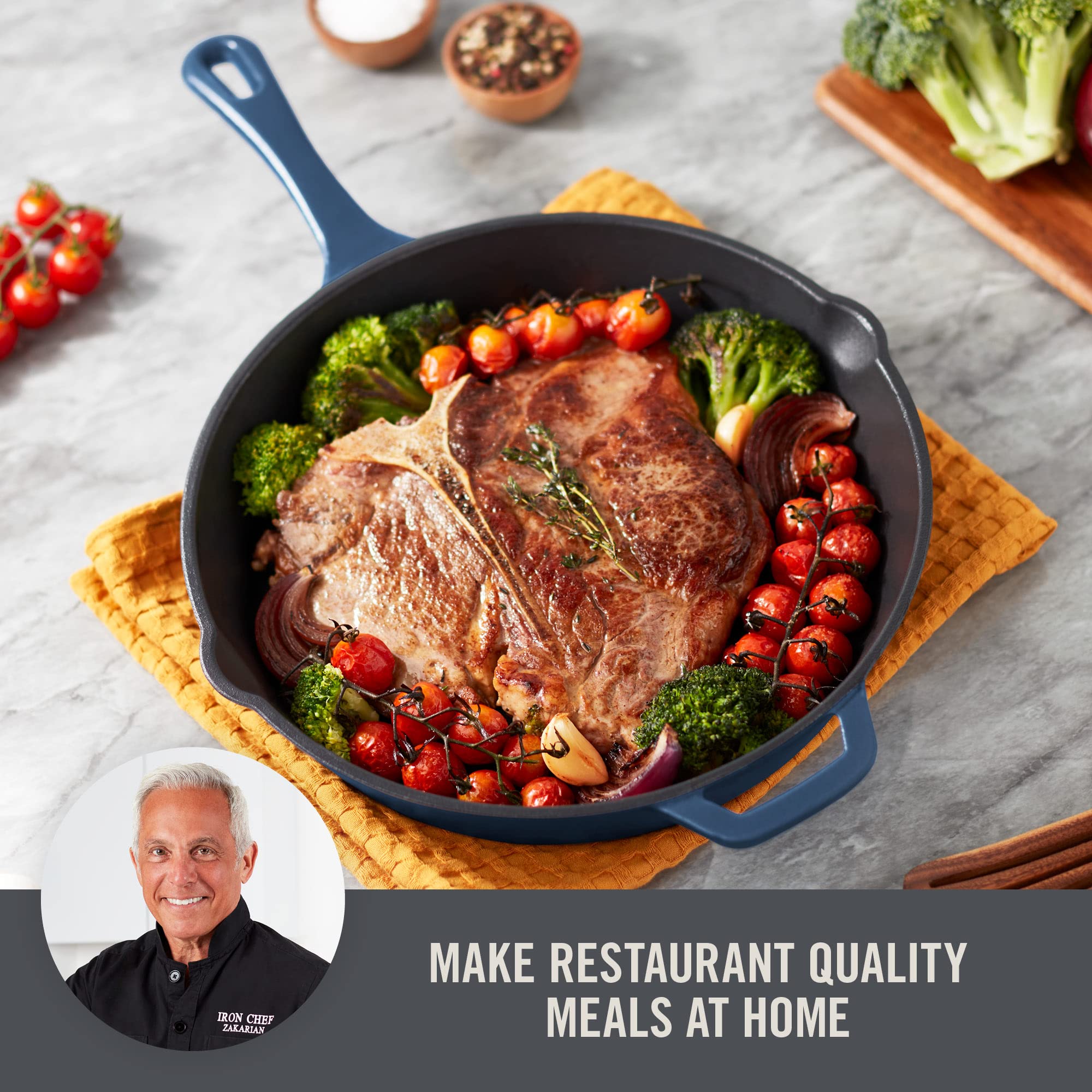 Zakarian by Dash 11 Inch Nonstick Cast Iron Skillet, Titanium Ceramic Coated Frying Pan, Blue