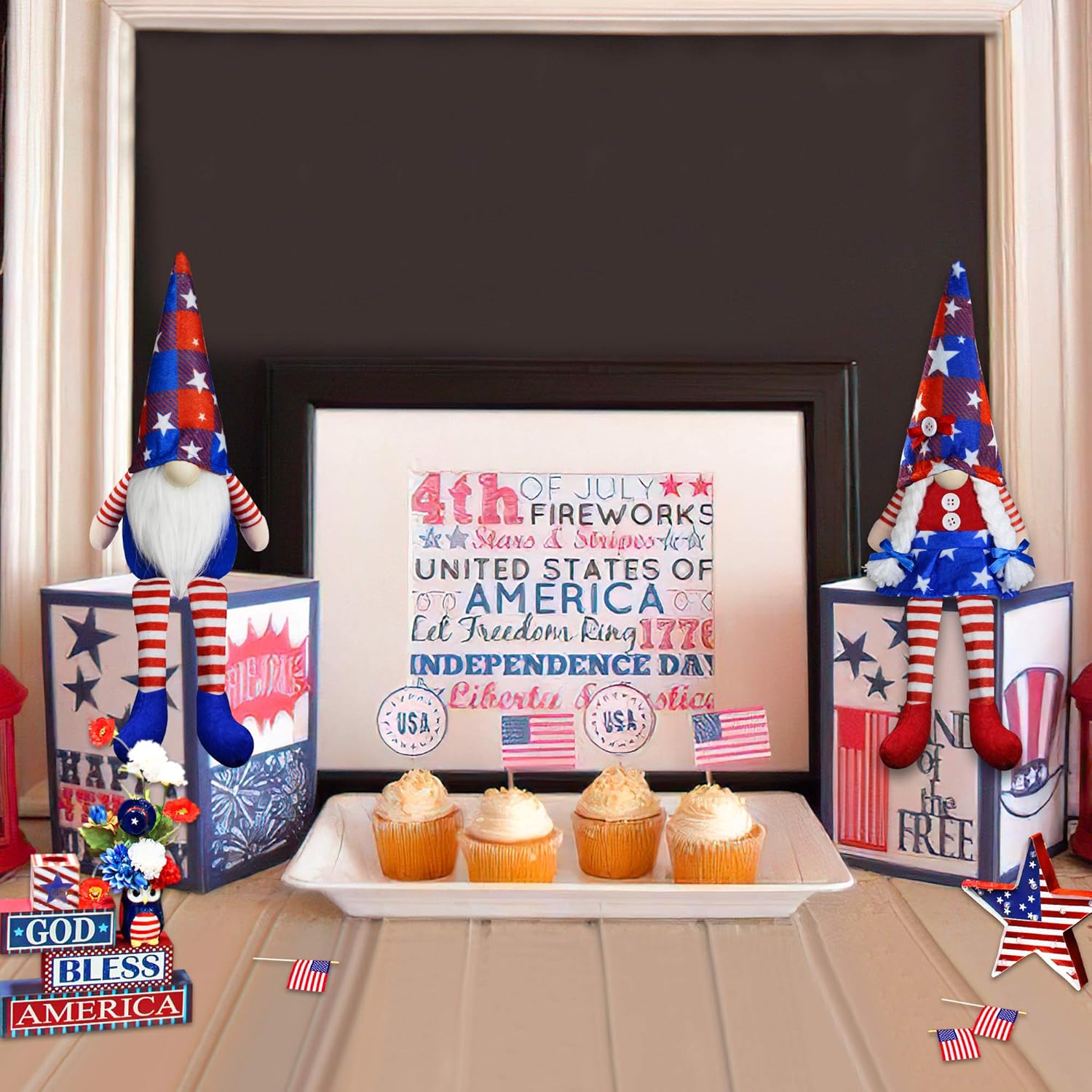 Skiennix 4th of July Gnomes - Handmade Plush Mr. & Mrs. Swedish Tomte Decorations | Patriotic Table Decor