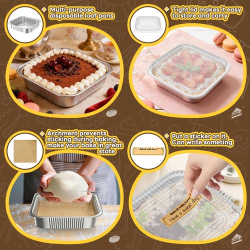 Gyreuni 30 Pack Disposable Aluminum Foil Loaf Pans with Lids & Parchment Paper | 8" x 8" Baking Tins