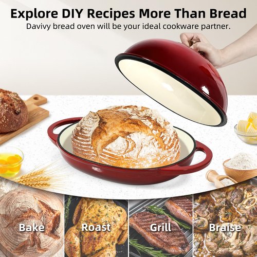 Davivy 6QT Oval Cast Iron Sourdough Dutch Oven with Silicone Oven Mitts, Bread Dutch Oven for Sourdough Bread Baking 6QT, Cast Iron Bread Cloche Loaf Pan with Domed Lid - Ruby Red