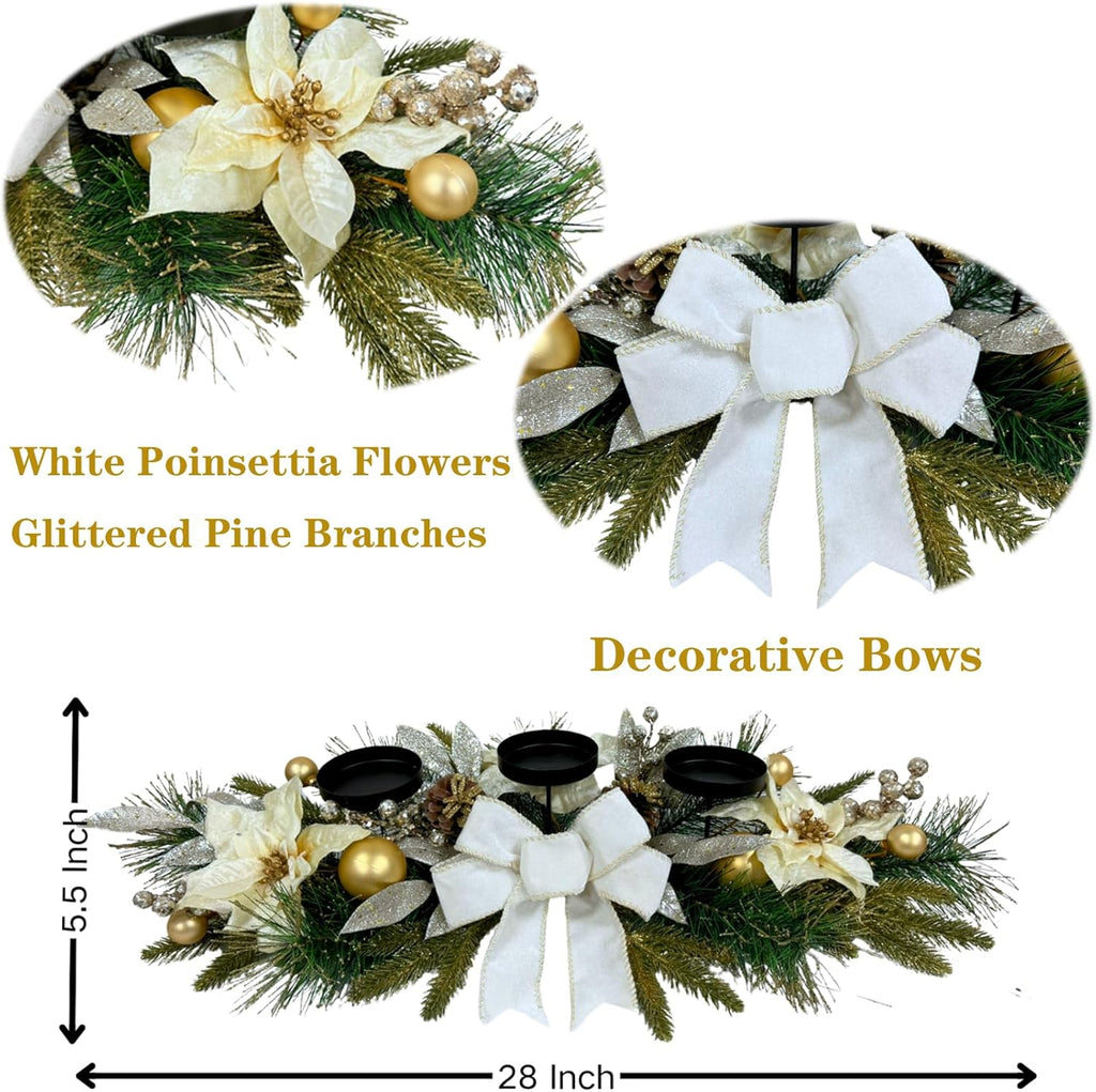Svndlyn Christmas Candle Holders - Elegant 3-Piece Centerpiece with Poinsettia Flowers & Glitter Pinecones