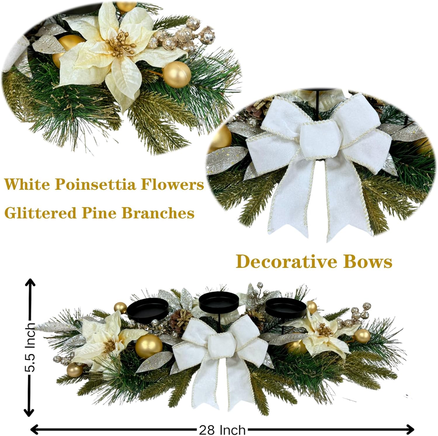 Svndlyn Christmas Candle Holders - Elegant 3-Piece Centerpiece with Poinsettia Flowers & Glitter Pinecones