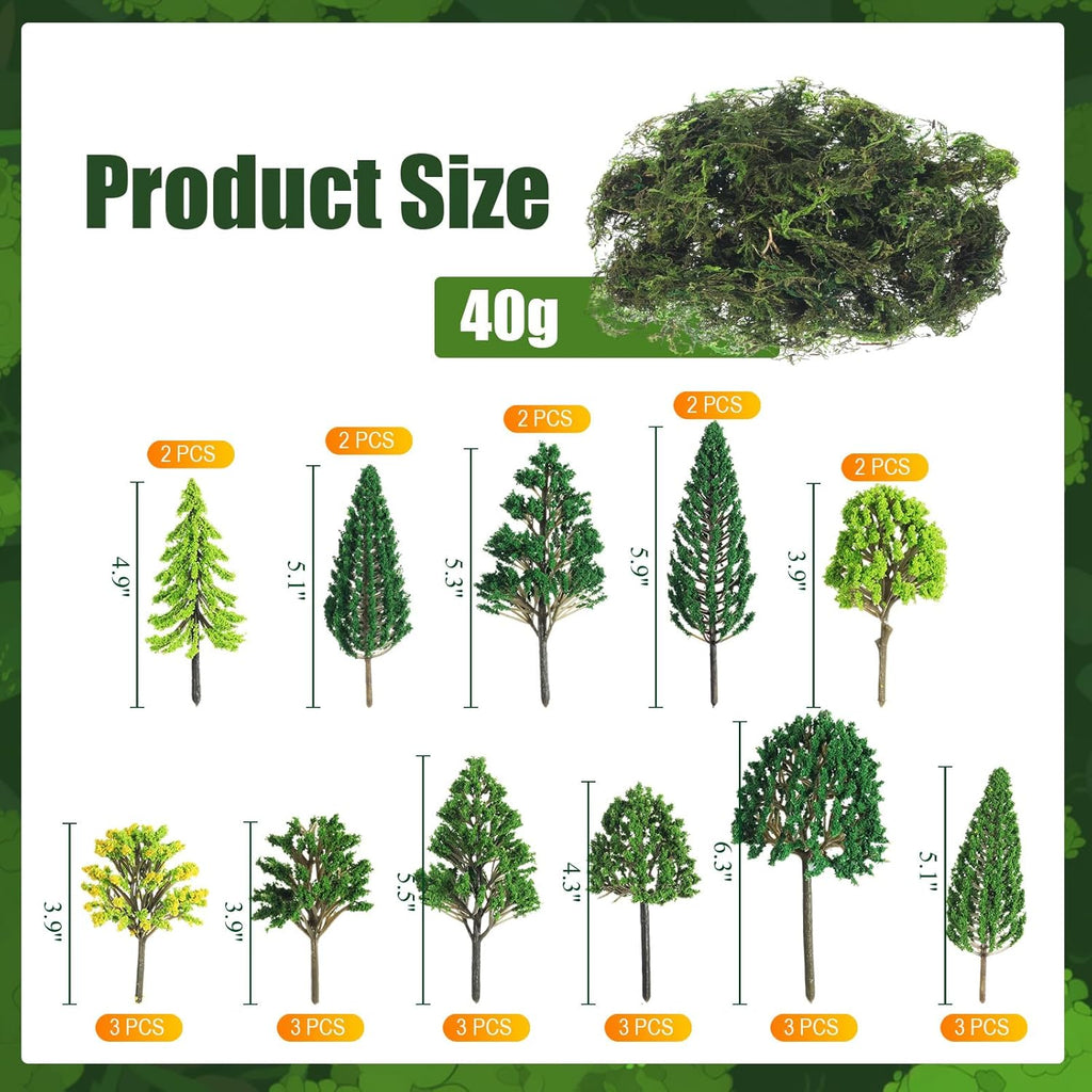 Tigeen 28 Pcs Model Trees - Mixed Model with Faux Green Moss for DIY Crafts & Scenery | Spring Green