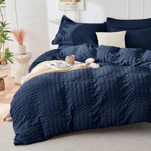 HYMOKEGE King Size Comforter Set - Navy Blue Seersucker 7-Piece Luxury Bedding Set | All-Season Comfort