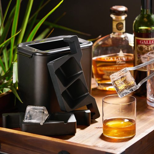 Viski Glacier Ice Maker, Ice Cube Mold for Whiskey on the Rocks, Old Fashioned & Craft Cocktail Drinks, Makes 2 Large Crystal Clear Cubes, Birthday Gifts for Men, Home Bar Accessories, Set of 1, Black