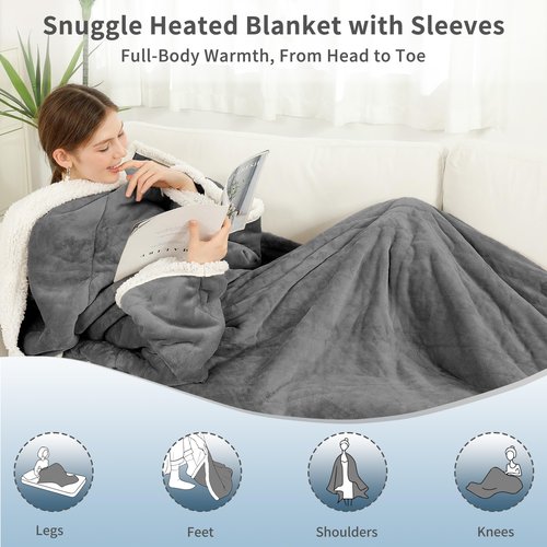 ESTINGO Wearable Electric Throw Heated Blanket with Foot Pocket, Heated Electric Blanket with Sleeves, 6 Heating Levels and 1-4H Timer, Heated Hoodie Women for Mom Grandma 50"×70" Grey