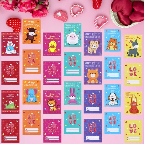 28 Pack Valentines Day Gift Cards for Kids with Mini Animal Plush Toys Keychains,Stuffed Animal for Students Classroom Exchange,Valentines Party Favor Supplies,Game Prizes,Gift for Toddlers Girls Boys