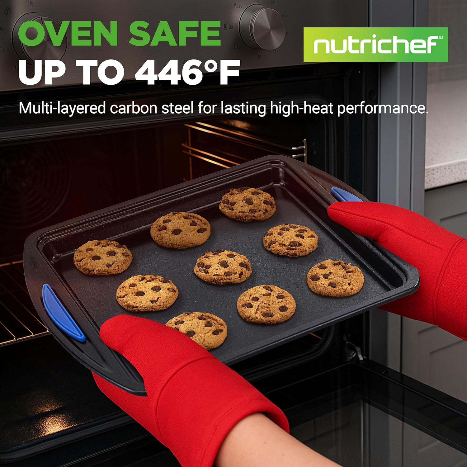 NutriChef Nonstick Cookie Sheets - 3-Piece Carbon Steel Bakeware Set with Silicone Handles | Durable & Oven Safe