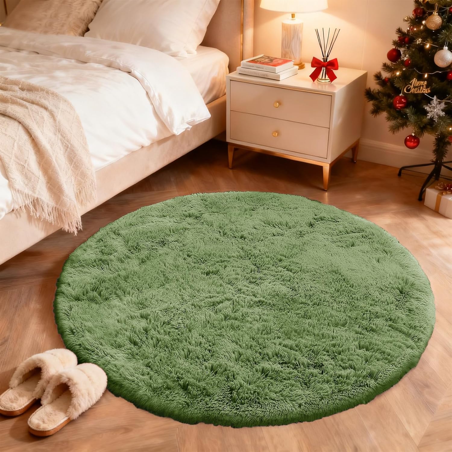 OLANLY Green Round Area Rug - Soft, Fluffy, Machine Washable 4 ft Circle Carpet for Bedroom & Living Room