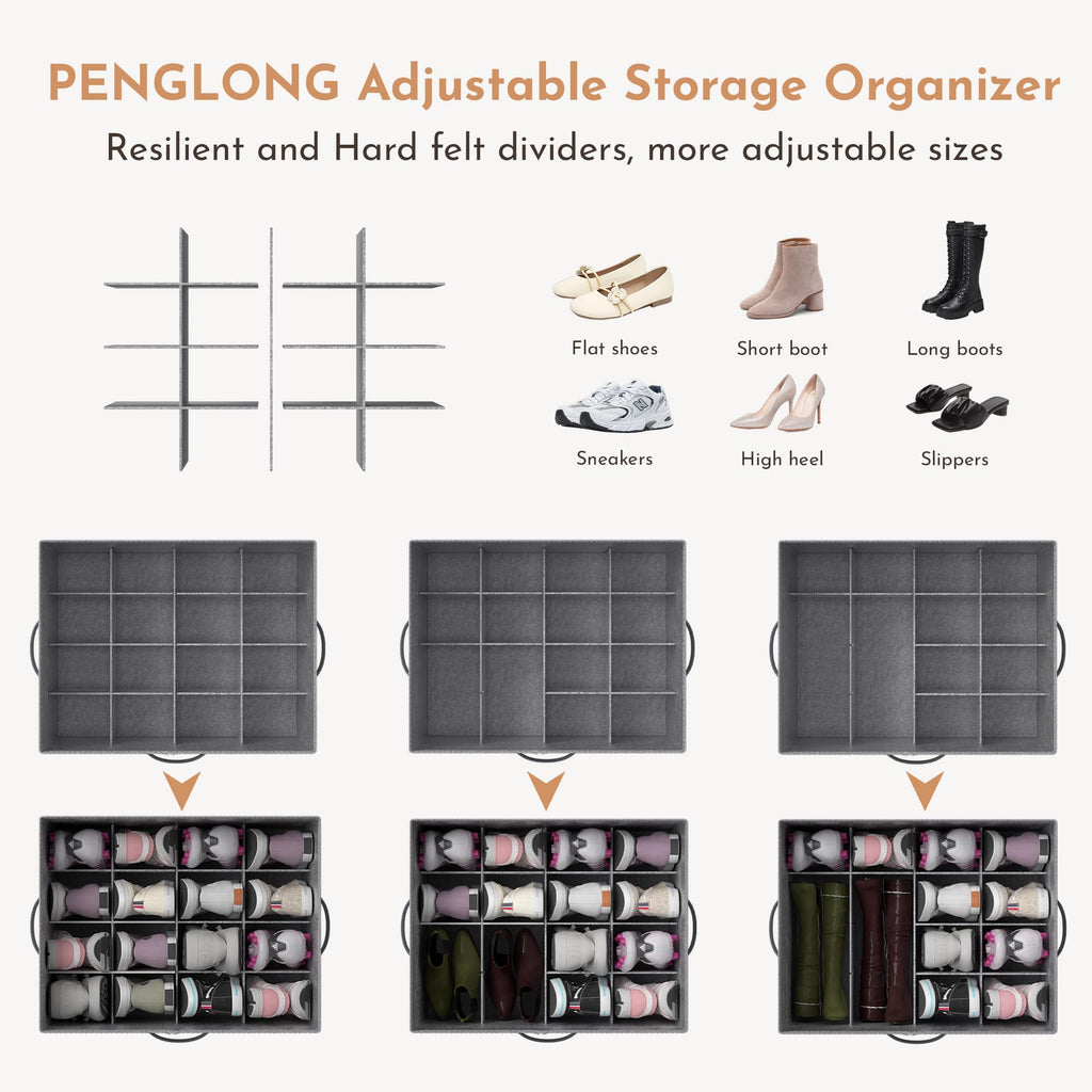 PENGLONG Adjustable Storage Bins for Closet, Wardrobe Clothes Organizer, Shoe Bin, Shoe Organizer, Toys, Closet Storage Solution with Clear Window (PP Board Grey 24Pairs, 24Pairs)