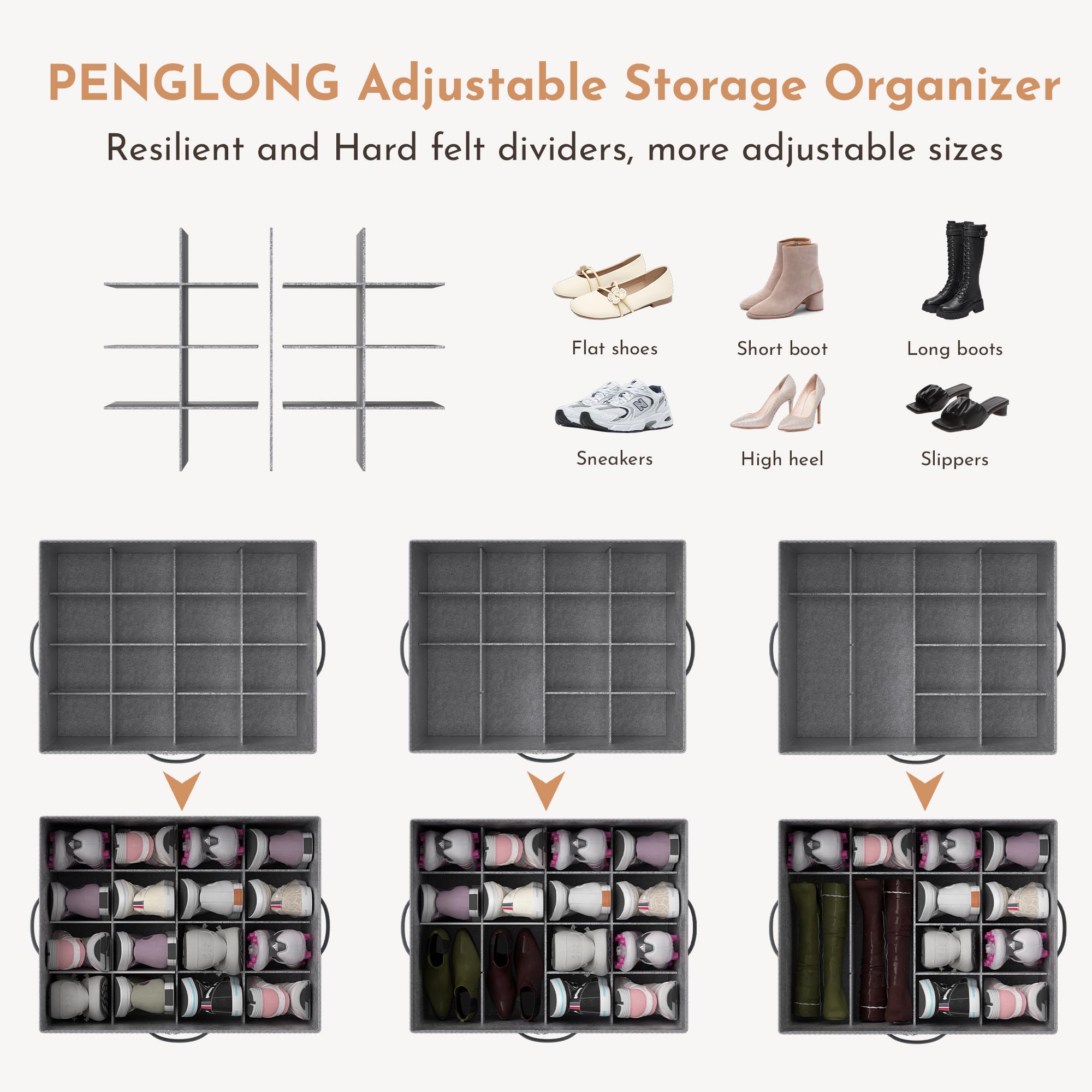 PENGLONG Adjustable Storage Bins for Closet, Wardrobe Clothes Organizer, Shoe Bin, Shoe Organizer, Toys, Closet Storage Solution with Clear Window (PP Board Grey 24Pairs, 24Pairs)