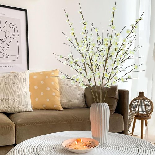 Krissing Artificial Cherry Blossom Branches - 39” Tall White Faux Flowers for Home & Wedding Decor