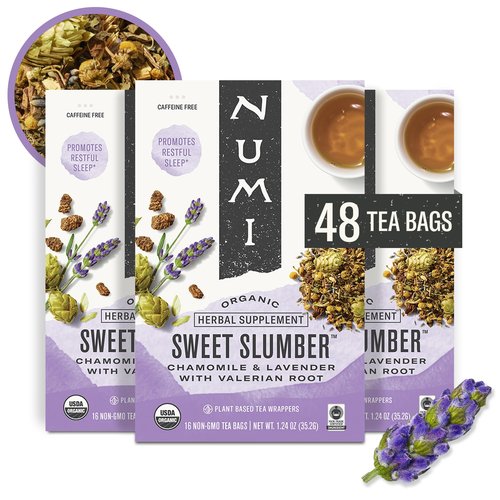 Numi Organic Tea Sweet Slumber with Chamomile, Valerian Root & Lavender, 16 Count Box of Tea Bags (Pack of 3) Herbal Teasan (Packaging May Vary)